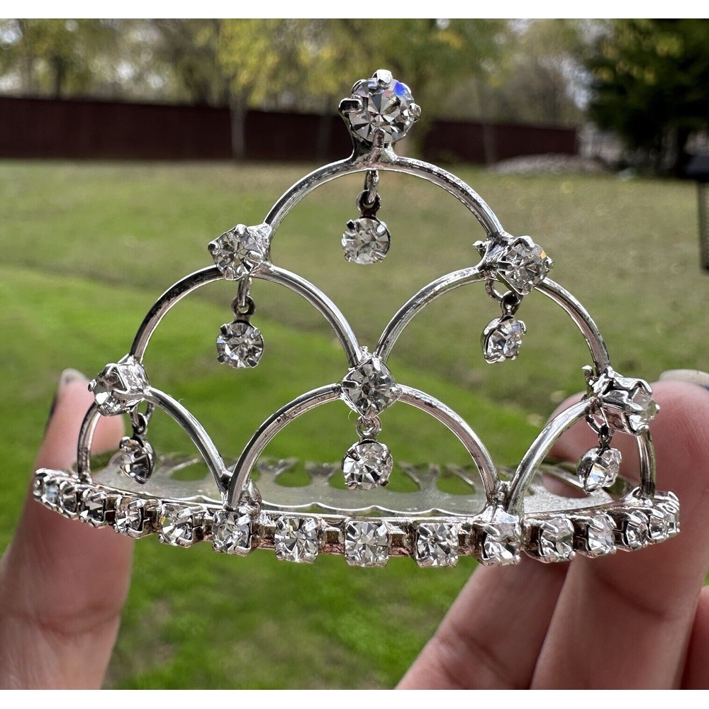 Tiara Crown Hair Clip Rhinestones Silver Tone Weeding Princess Party